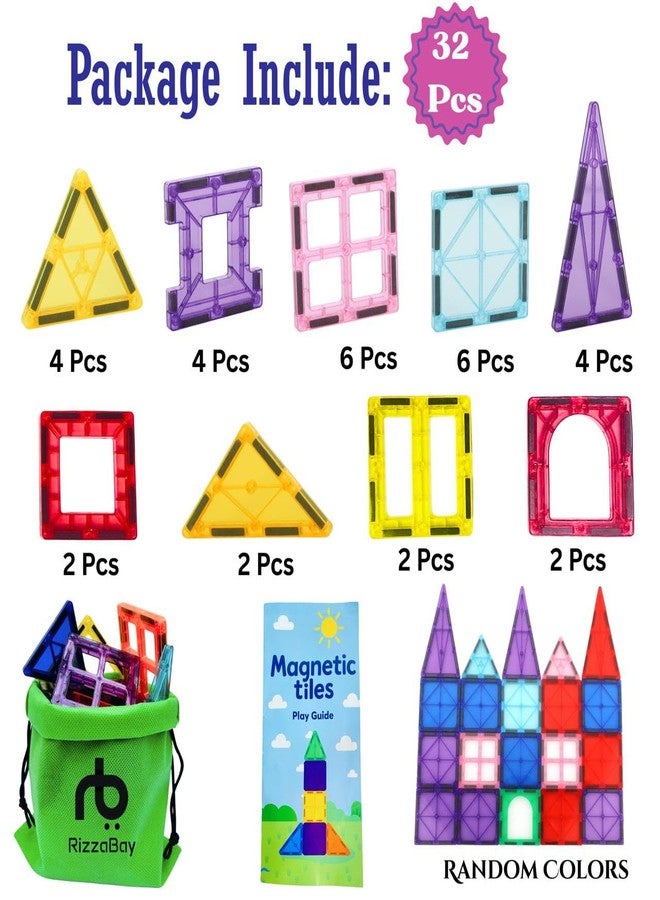 RIZZABAY Magnetic Tiles for Kids (32 Pcs) Magnetic Building Blocks for Kids Age 3+Years, Constructing & Learning Builder Educational Magnetic Blocks Toys Gift for Boys & Girls - Image 4